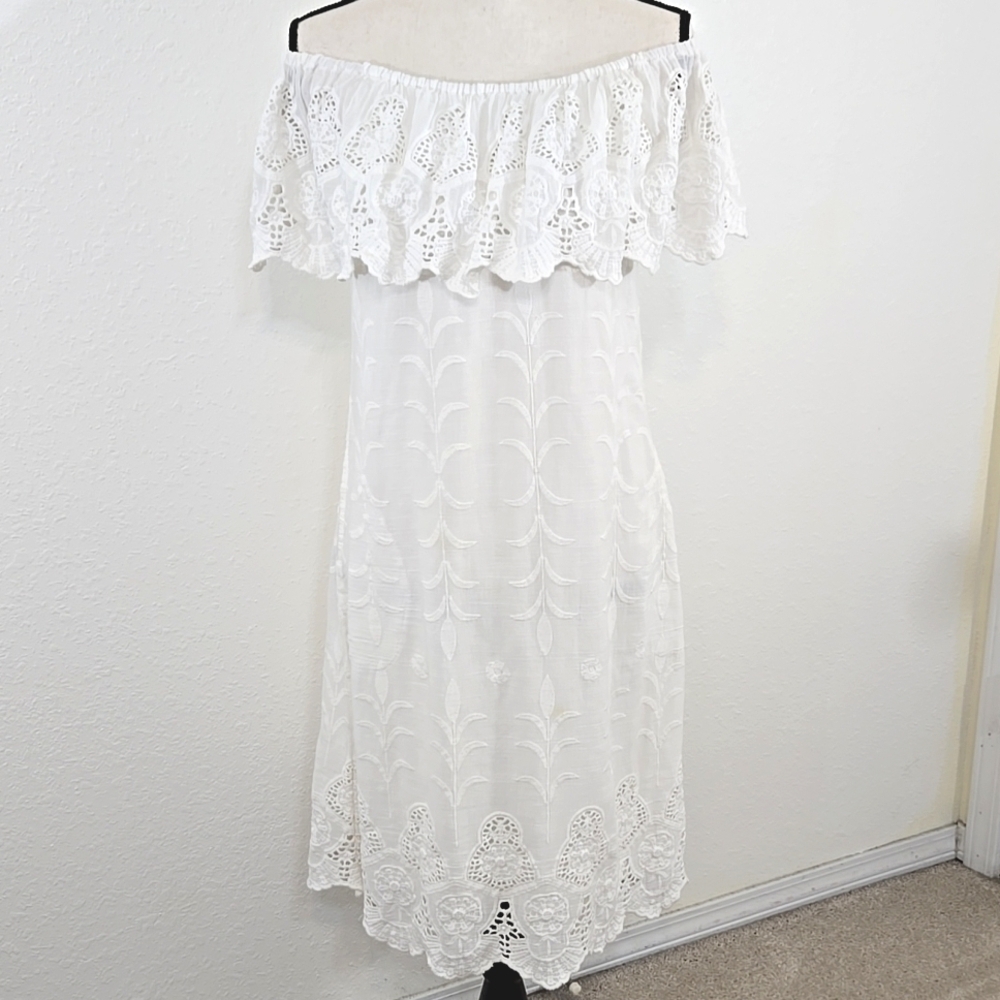 Soft Surroundings Dress White Lace Eyelet Off/On Shoulder Fairy Cottagecore, XS